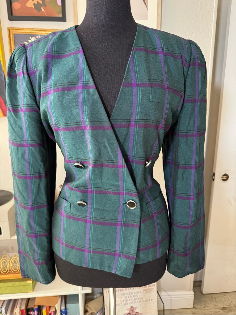 Plaid Green & Purple Double-Breasted Women's Blazer